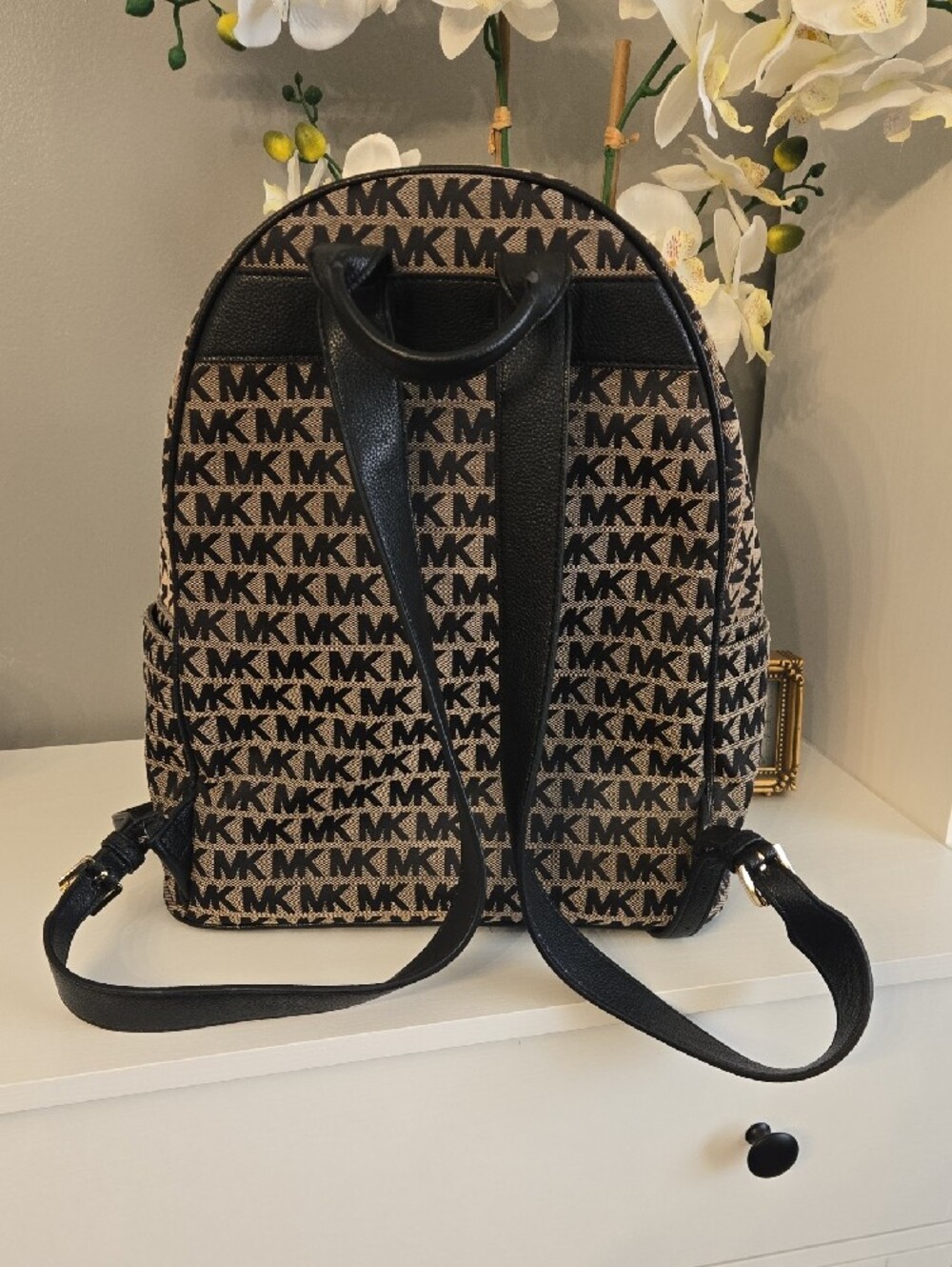 Michael Kors Black and Tan MK Monogram Backpack - Picture 4 of 11